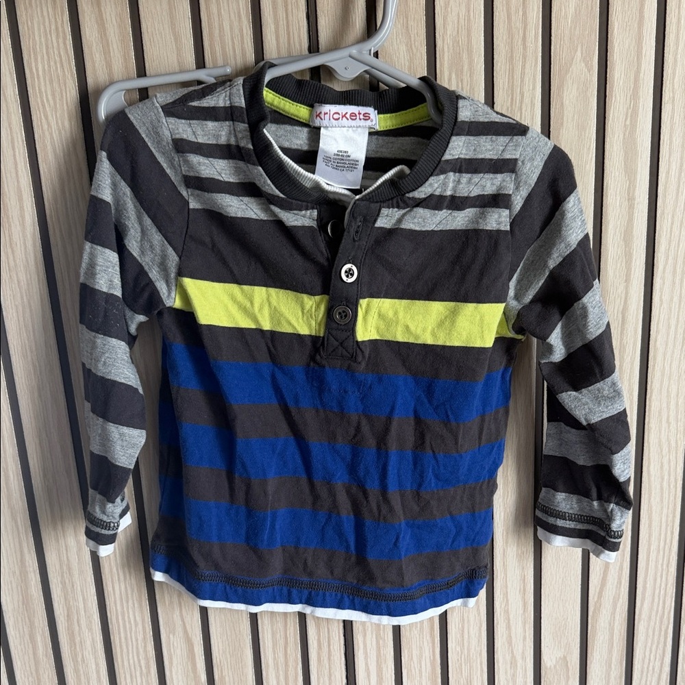 Krickets Boys' Long-Sleeve Striped Henley Shirt in Black, Gray, Blue & Lime